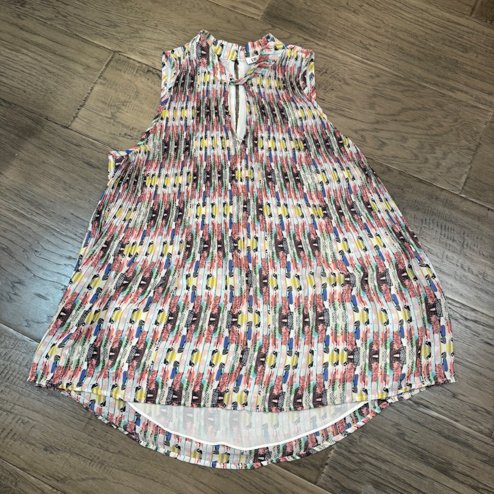 DR2 Pleated Sleeveless‎ Top Keyhole Colorful Print Casual Blouse XS